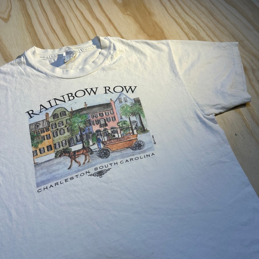 Vintage 90s Hanes Beefy-T Charleston Rainbow Row White Graphic Tee Mens Large